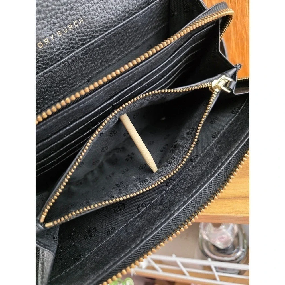 Tory Burch Thea Crossbody Wallet Bag Black Pebbled Leather Gold Hardware